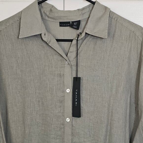 Tahari NWT Women's Linen Tunic Top Blouse Shirtdress Small Green Summer Natural - Picture 3 of 9